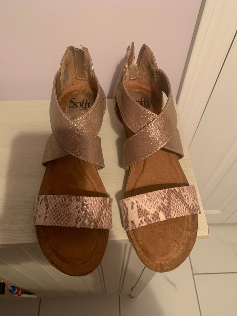 Sofft Rose Gold Crisscross Sandals with Snakeskin Toe Strap